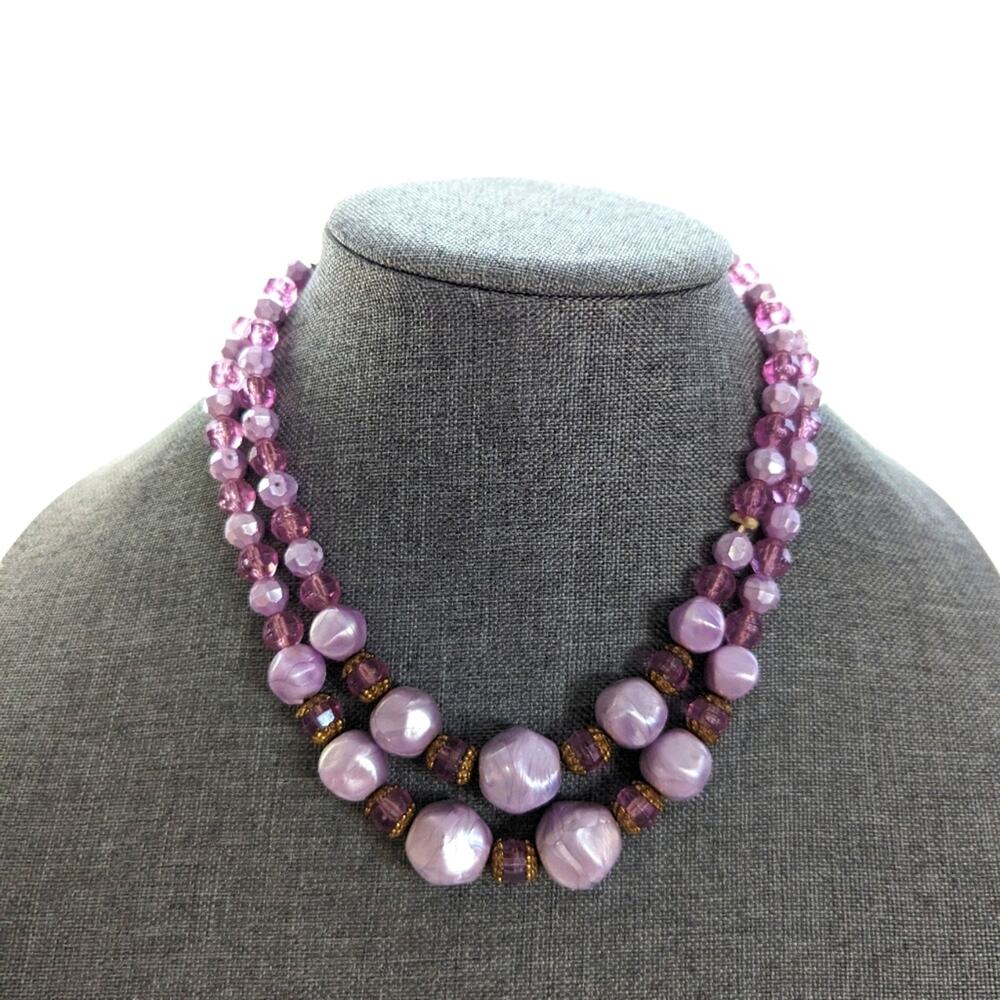 Vintage Double Strand Faceted Acrylic Lilac Purple Candy Bauble Necklace